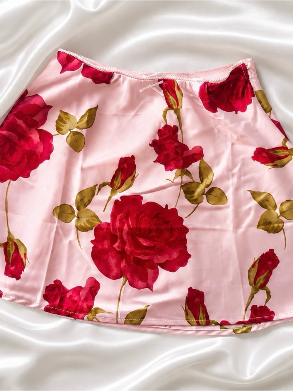 Baby Pink Floral Satin A-Line Skirt with Red Rose Print